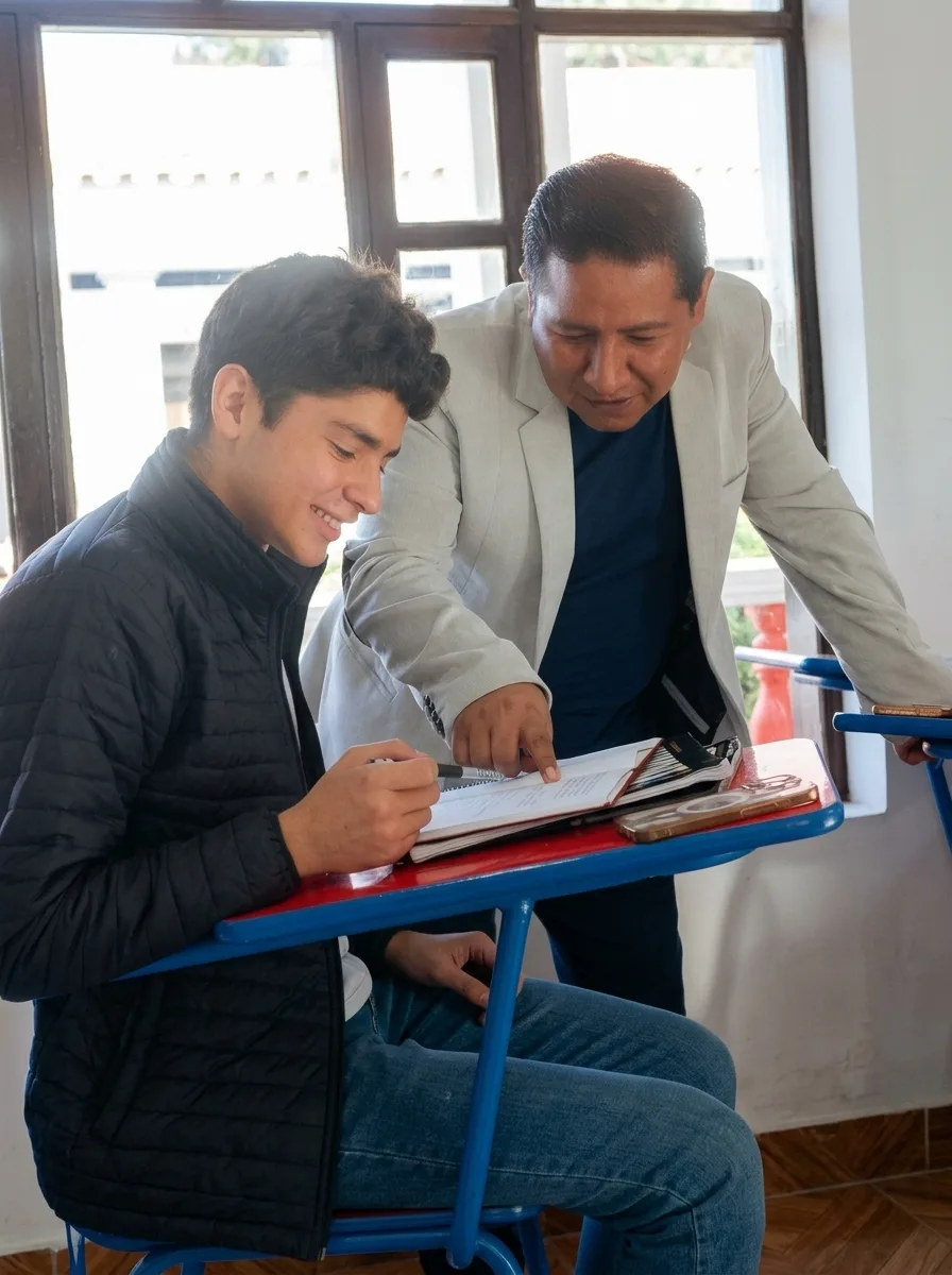 Docente y estudiante en clases en el Centro Boliviano Americano Sucre